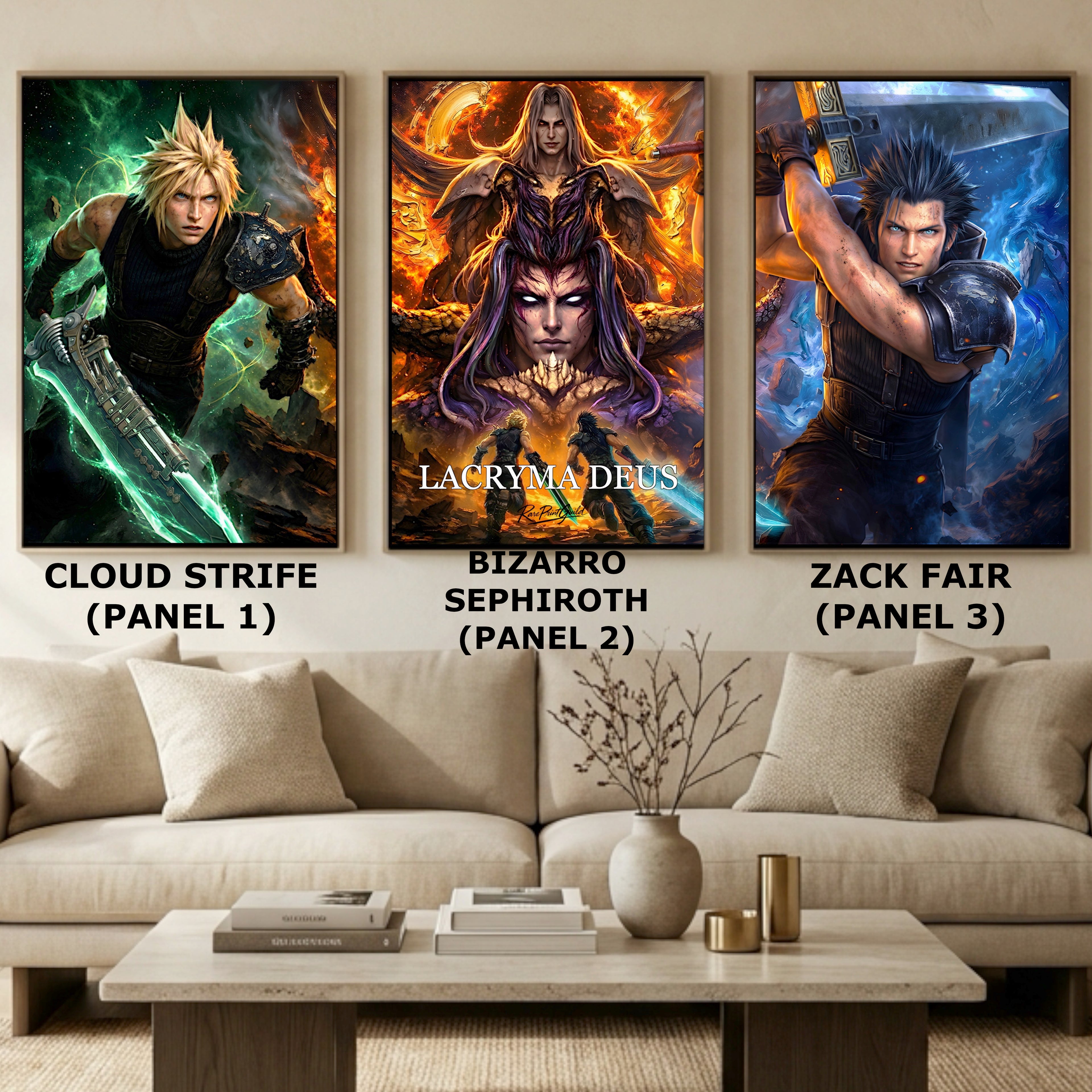 "Lacryma Deus" - Final Fantasy VII Rebirth Triptych Art Print – Cloud & Zack vs Bizarro Sephiroth Fine Art Set