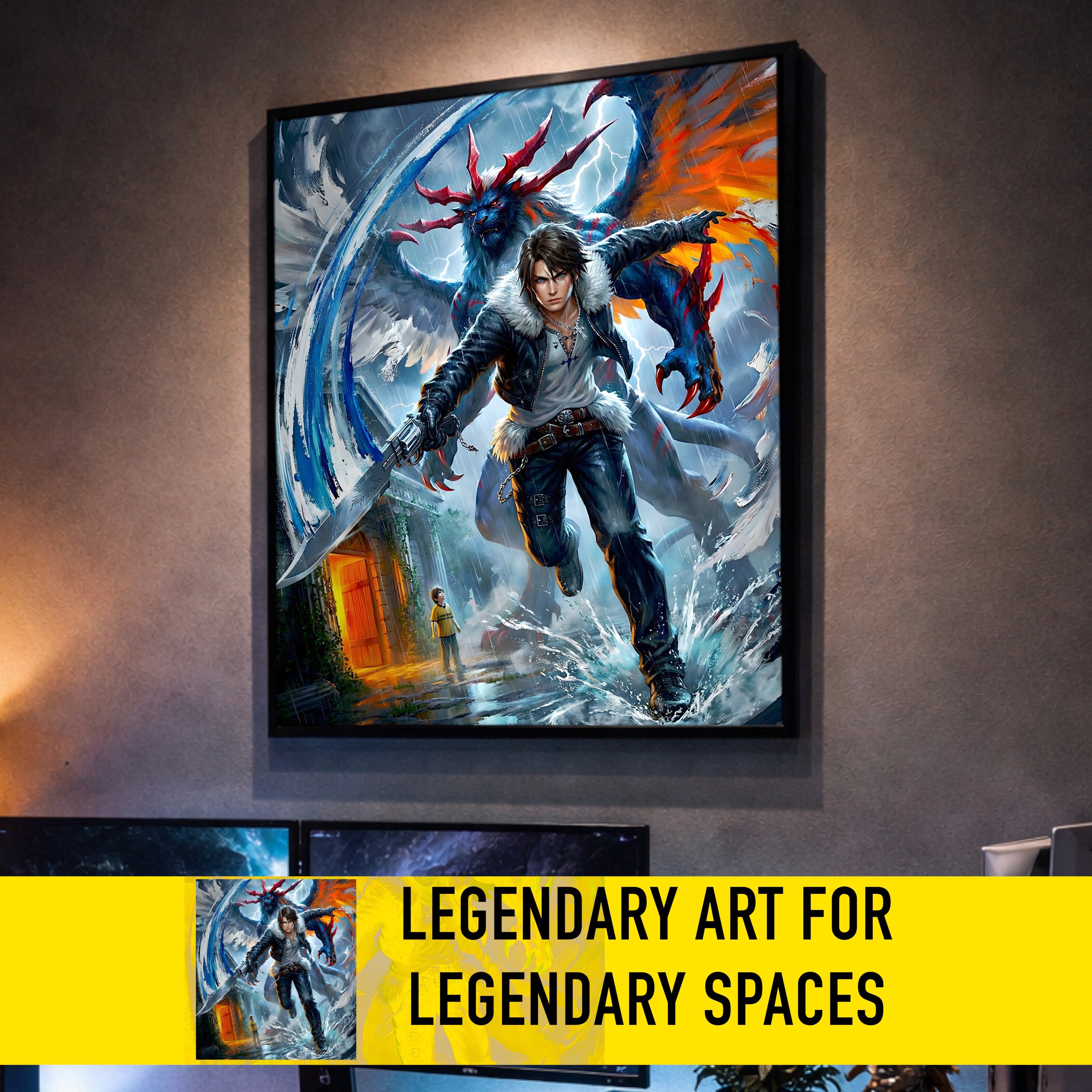 Squall Leonhart Final Fantasy VIII Poster – 4 Piece Gunblade Artwork | FF8 Remake-Style JRPG Wall Art | Collector Fine Art Print