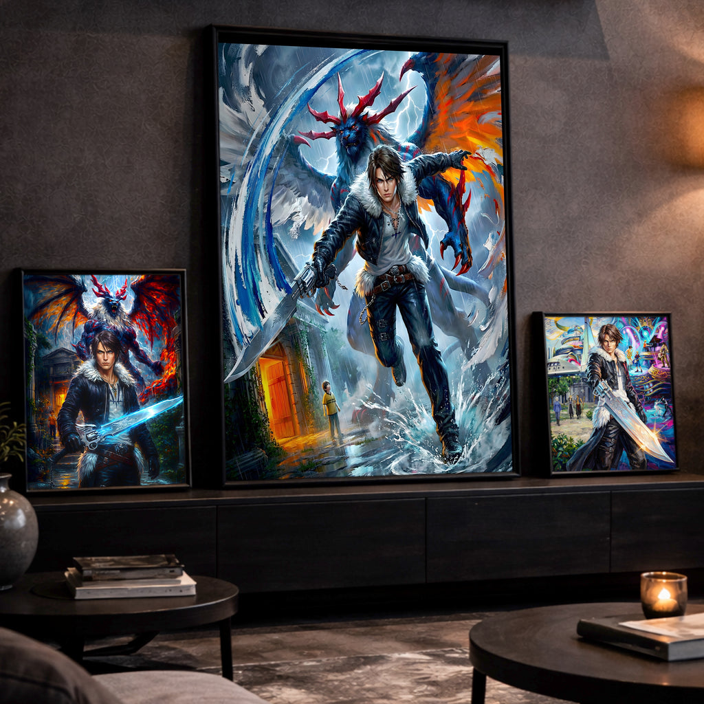 Squall Leonhart Final Fantasy VIII Poster – 4 Piece Gunblade Artwork | FF8 Remake-Style JRPG Wall Art | Collector Fine Art Print