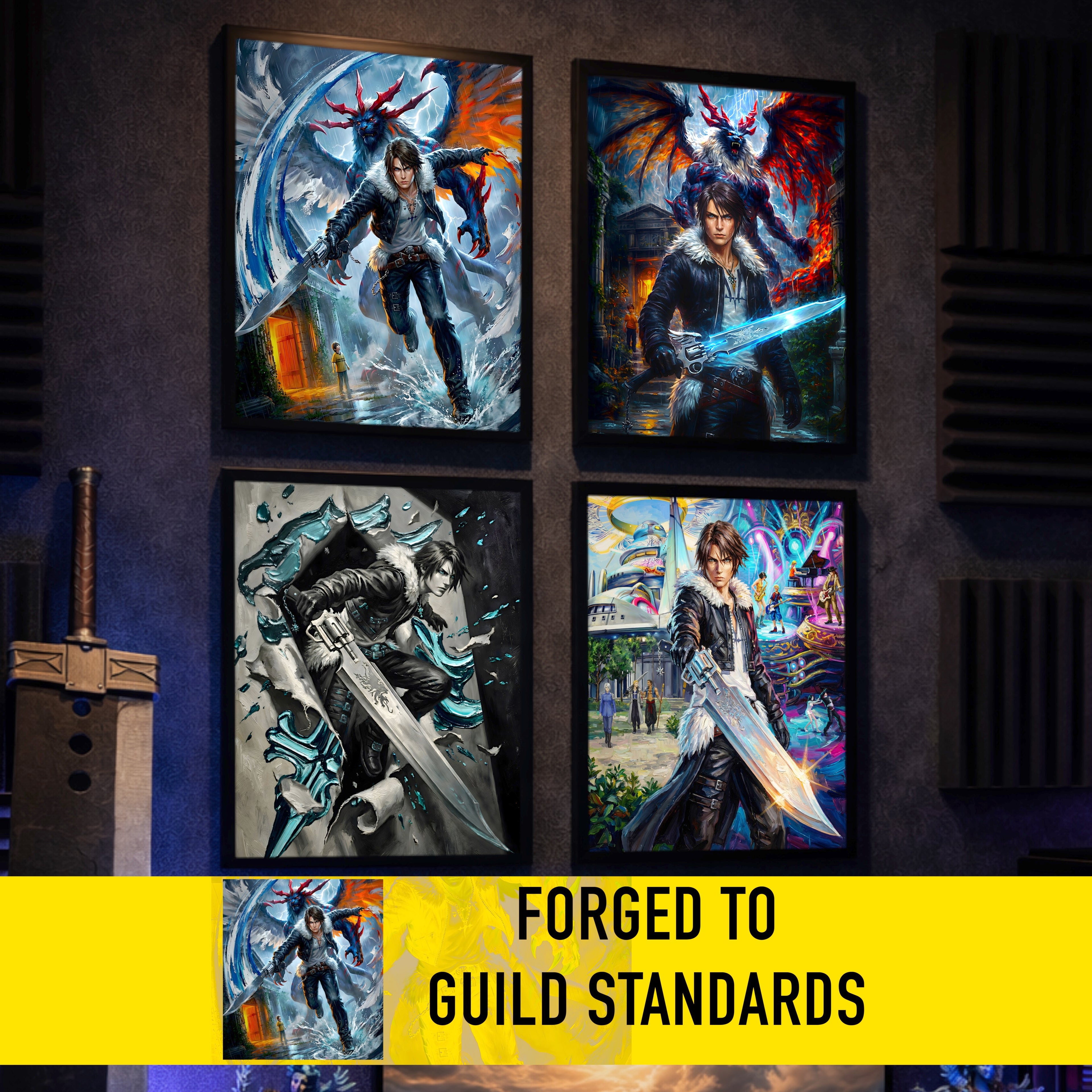 Squall Leonhart Final Fantasy VIII Poster – 4 Piece Gunblade Artwork | FF8 Remake-Style JRPG Wall Art | Collector Fine Art Print