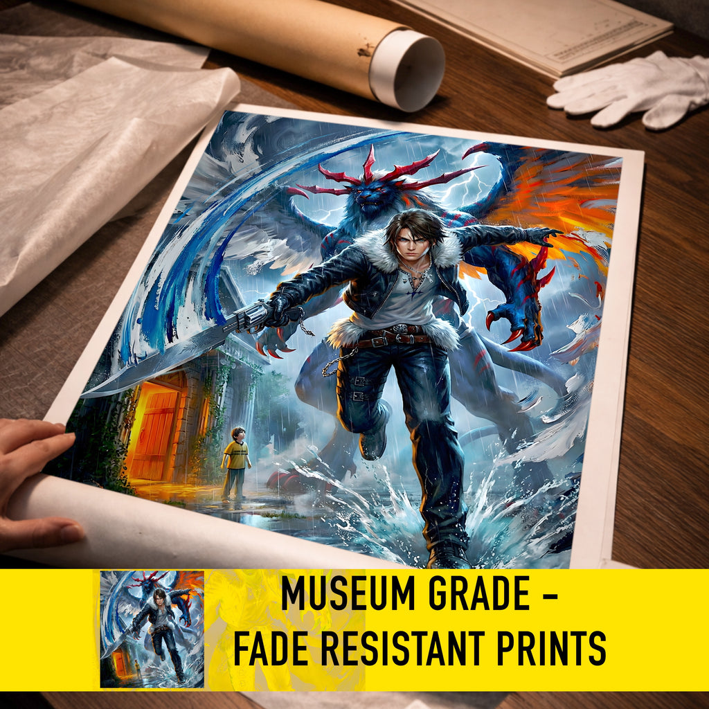Squall Leonhart Final Fantasy VIII Poster – 4 Piece Gunblade Artwork | FF8 Remake-Style JRPG Wall Art | Collector Fine Art Print
