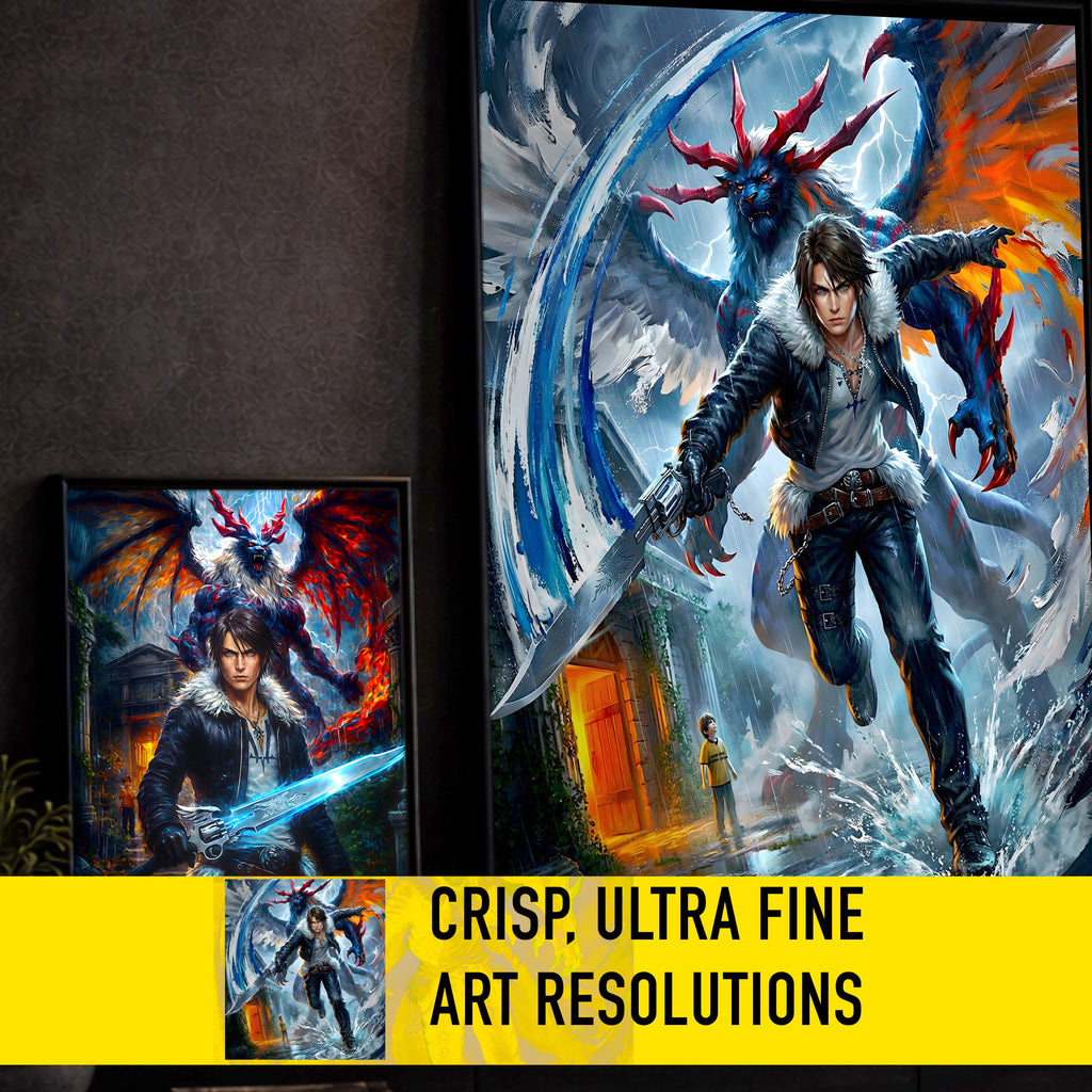 Squall Leonhart Final Fantasy VIII Poster – 4 Piece Gunblade Artwork | FF8 Remake-Style JRPG Wall Art | Collector Fine Art Print