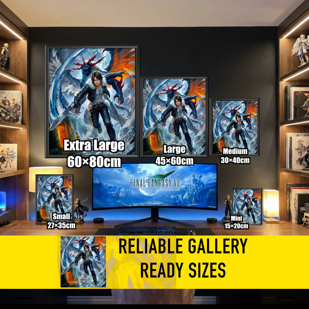 Squall Leonhart Final Fantasy VIII Poster – 4 Piece Gunblade Artwork | FF8 Remake-Style JRPG Wall Art | Collector Fine Art Print
