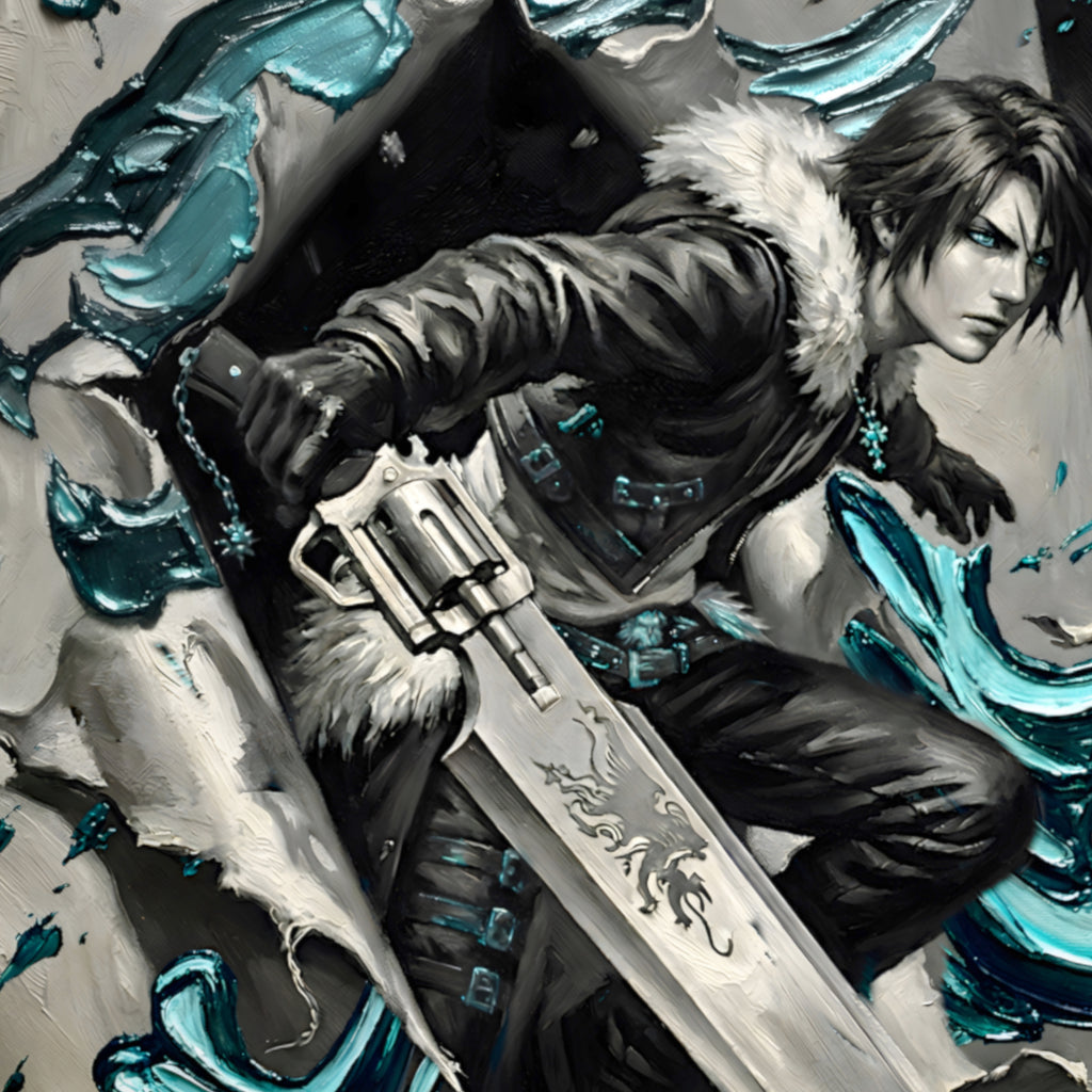 Squall Leonhart Final Fantasy VIII Poster – 4 Piece Gunblade Artwork | FF8 Remake-Style JRPG Wall Art | Collector Fine Art Print