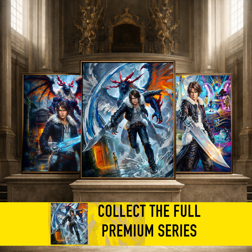 Squall Leonhart Final Fantasy VIII Poster – 4 Piece Gunblade Artwork | FF8 Remake-Style JRPG Wall Art | Collector Fine Art Print